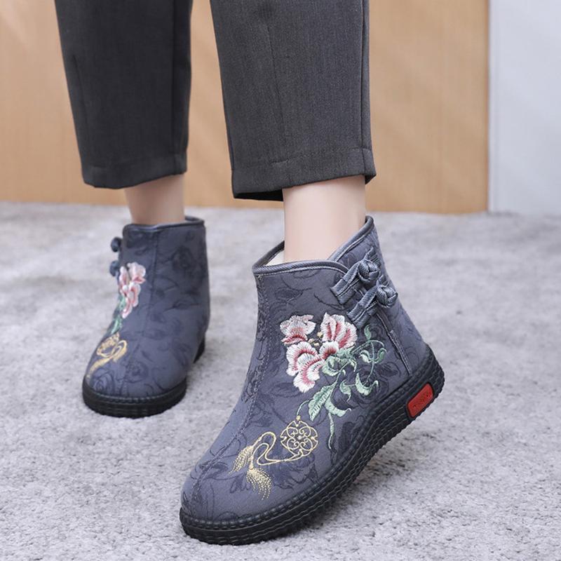 Fortykket Blomsterbroderi Dame Vinterstøvler Foret Snøstøvler Varme Sko Mødres Flatsko Casual