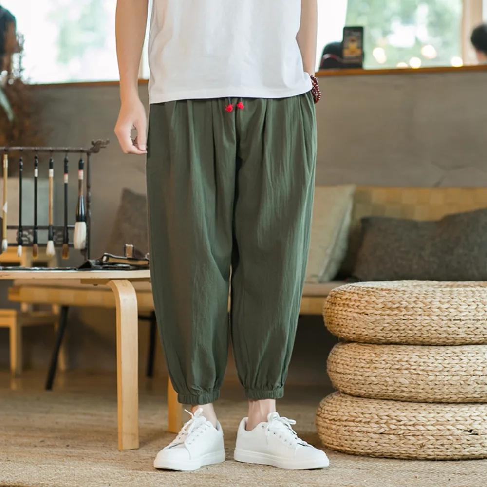 Men's Casual Solid Color Harem Pants Cotton and Linen Loose Oversize Beach Pants Jogger Sweatpants Male Wide Leg Trousers