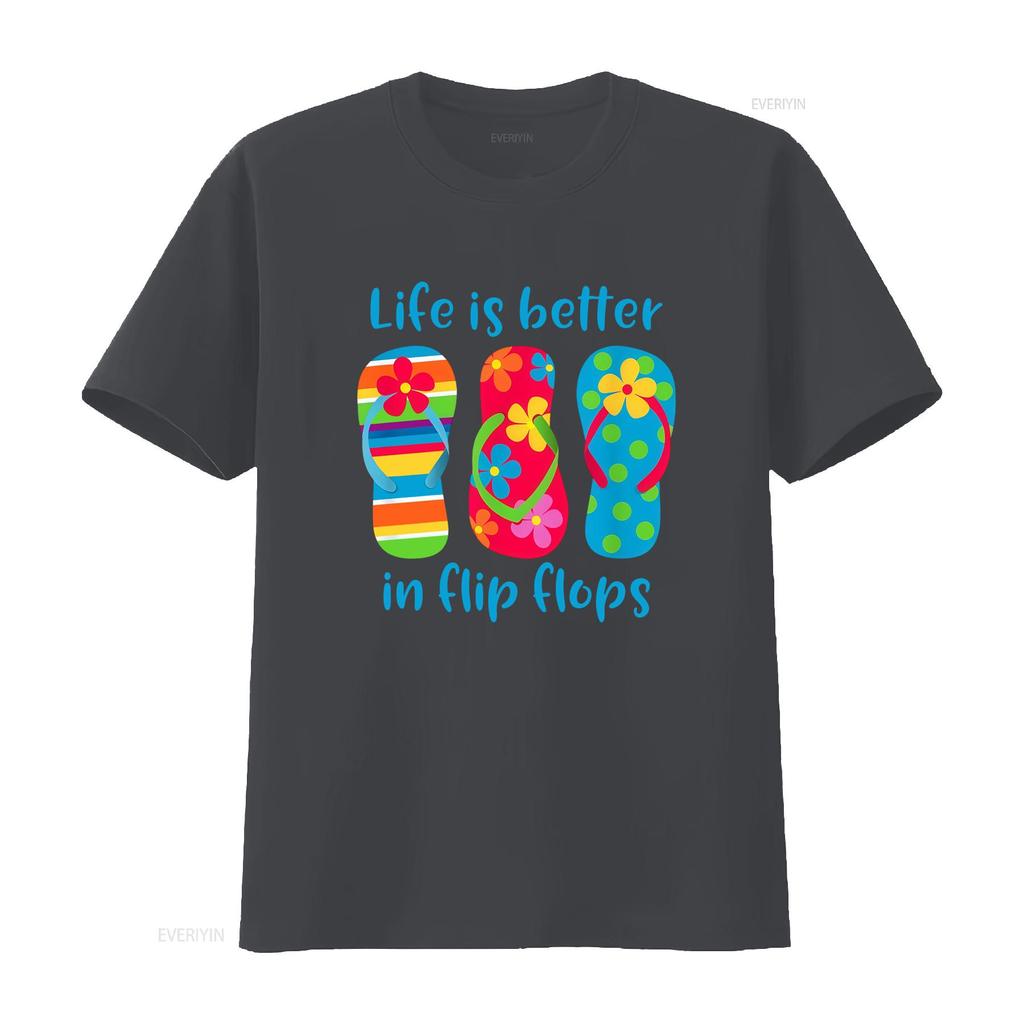Funny Cartoon Summer Beach Flip Flops Life Is Better Slogan Print Casual T Shirt vintage Washed Top For Everyday Wear