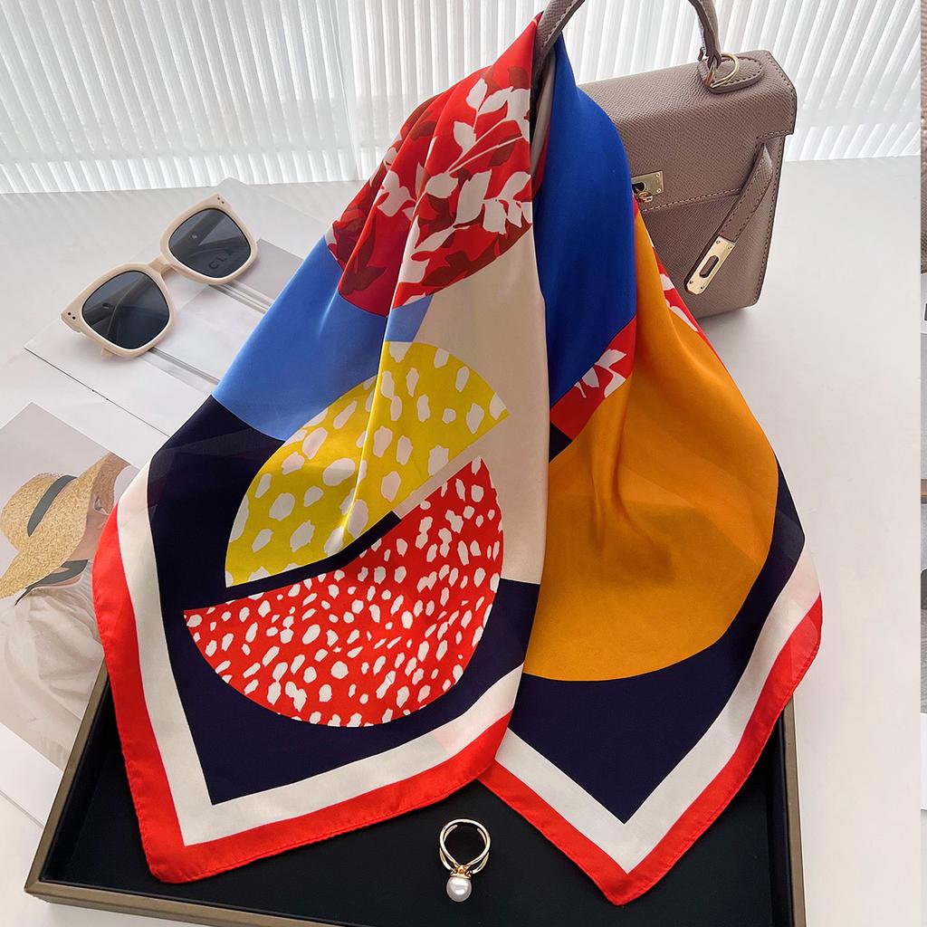 Color Block Round Simulation Silk Silk Scarf Daily Going Out Leisure Chinese Square Scarf Spring And Summer Versatile Decorative Foreign Style Scarf