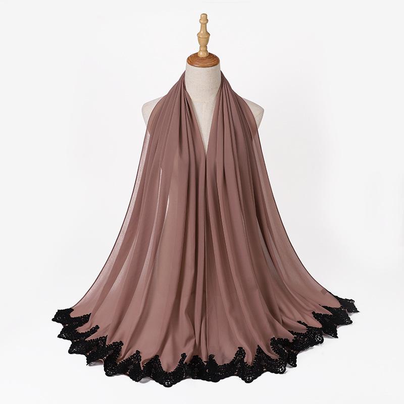 New Pearl Chiffon Malaysia Fashion Black Lace Scarves Muslim Shawl Plain Soft Turban Head Wraps Headband