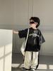 2025 Boys Denim Color Block Wide Leg Sweatpants - Casual Loose Fit, Pleated Straight-Leg Design