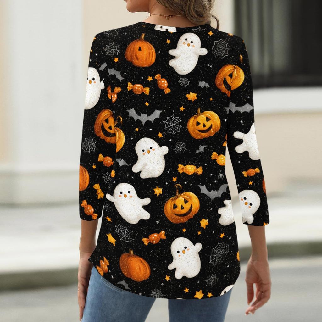 Women's Halloween Printed V Neck Button Front Three Quarter Sleeve Casual Top Lightweight Soft Fabric Comfortable Fit