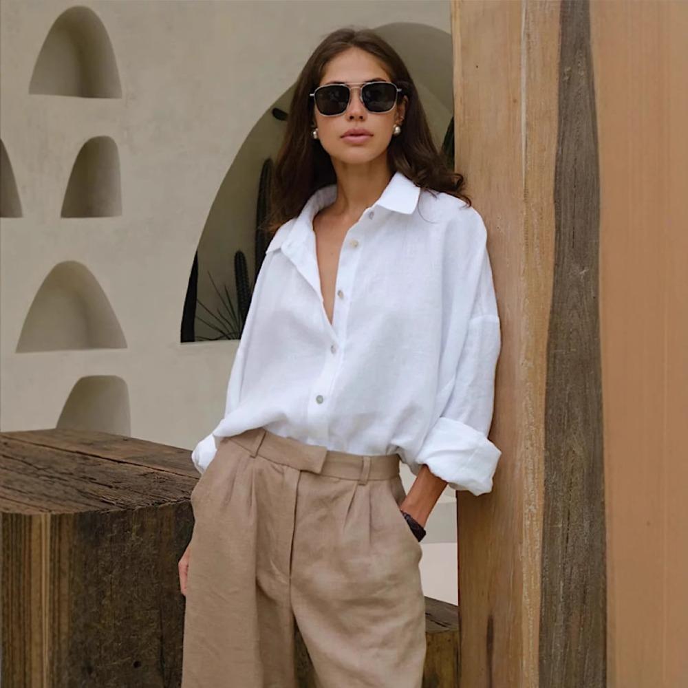Women's Oversized Button Down Shirt Loose Fit Point Collar Long Sleeve Solid Cotton Blouse
