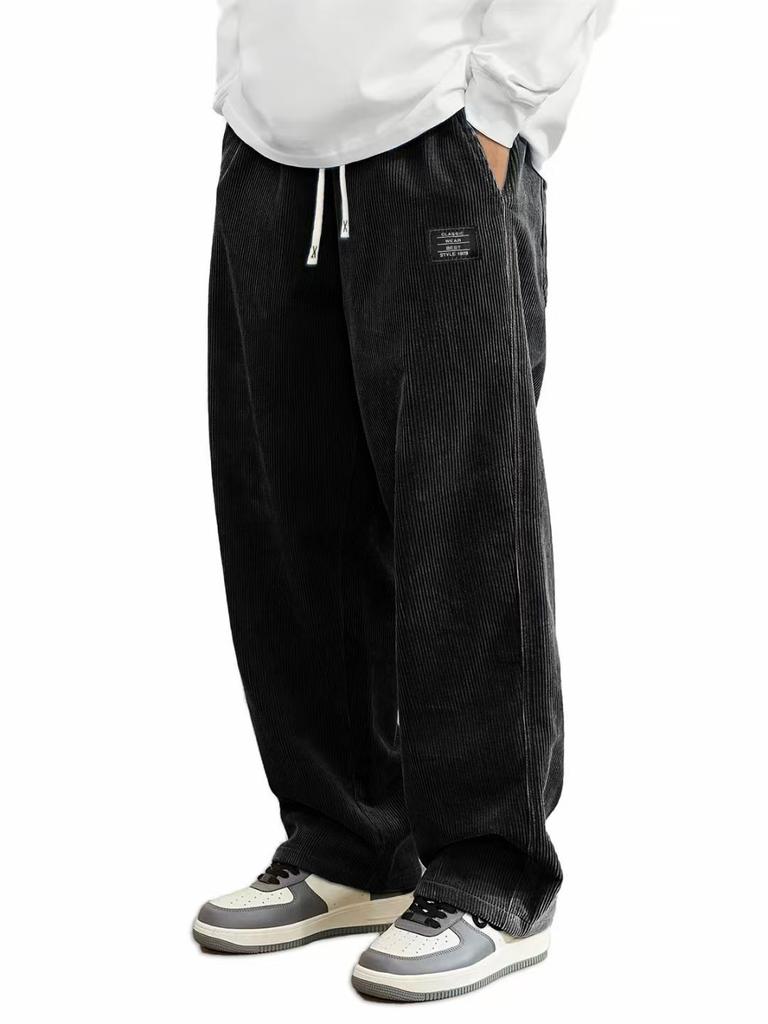 Pantaloni da uomo in velluto a coste a gamba dritta con coulisse in vita, tasche e logo, elasticizzati, vestibilità casual per l'uso quotidiano
