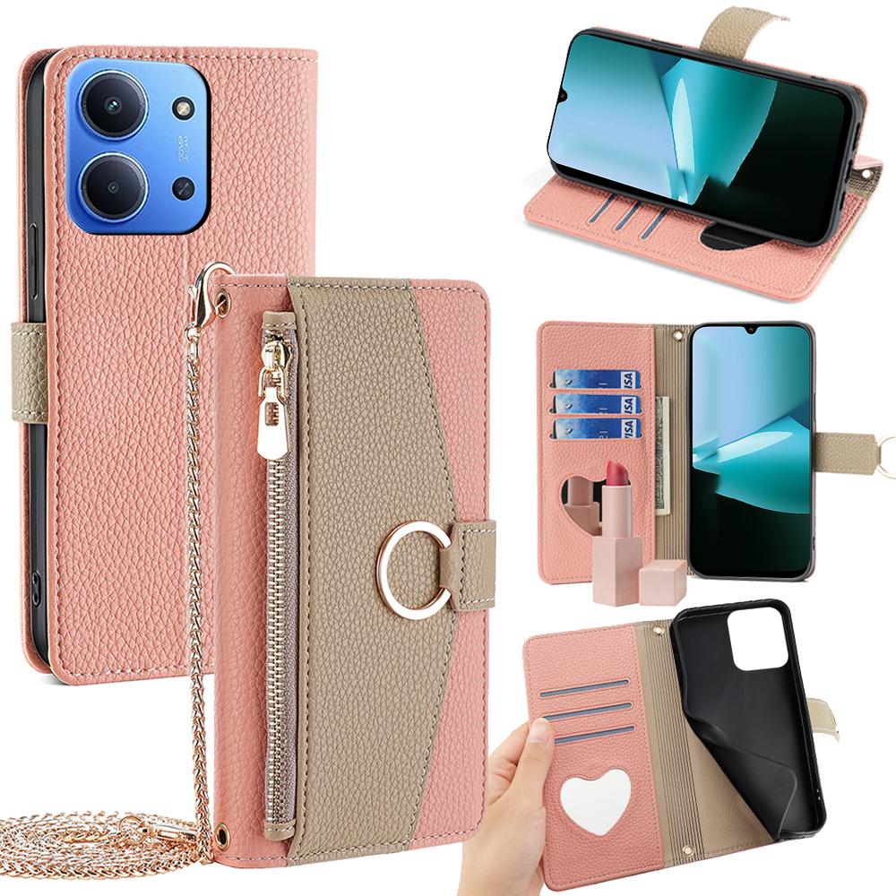 For Xiaomi Redmi 15C 4G (Global) (171mm)/Poco C85 4G (171mm) Case Mirror Wallet Leather Phone Cover with Chain Shoulder Strap