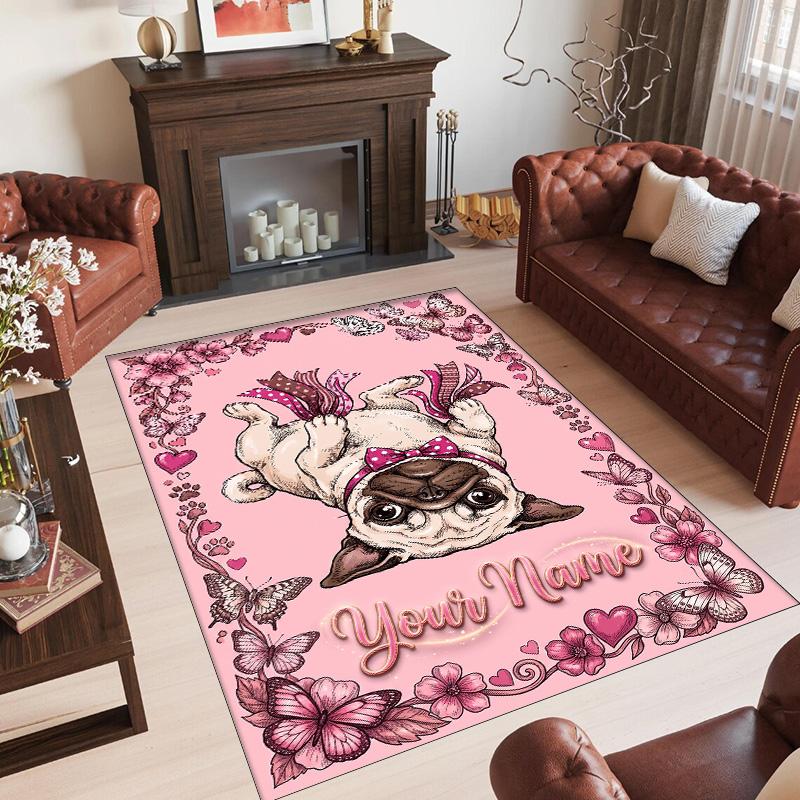 Pug Theme Crystal Velvet Floor Rug Personalized Custom Name Text Warm Carpet Home Decoration