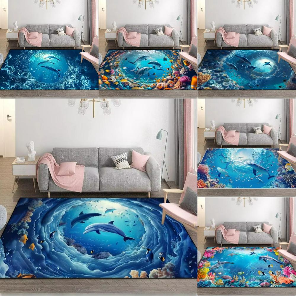 Blue Ocean 3D Dolphin Fish Theme Carpet Living Room Decor Sofa Rug Home Bedside Rug Balcony Coffee Table FloorMat Kid's Play Mat