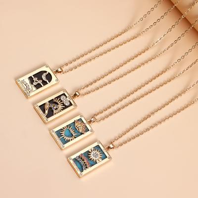 Rectangle Sun Moon Star Enamel Tarot Card Pendant Necklace Crystal Necklace
