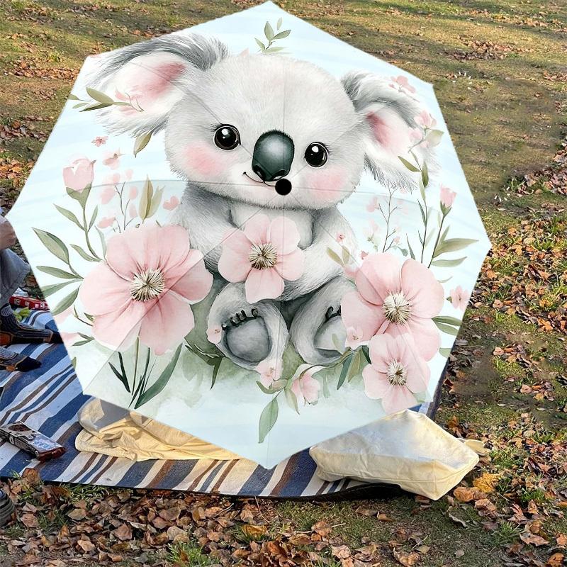 1pc Koala Flowers Automatic Open/Close Umbrella Compact Folding Umbrella with 8-Rib Shaft for Women/Men, Elegant Birthday1315S