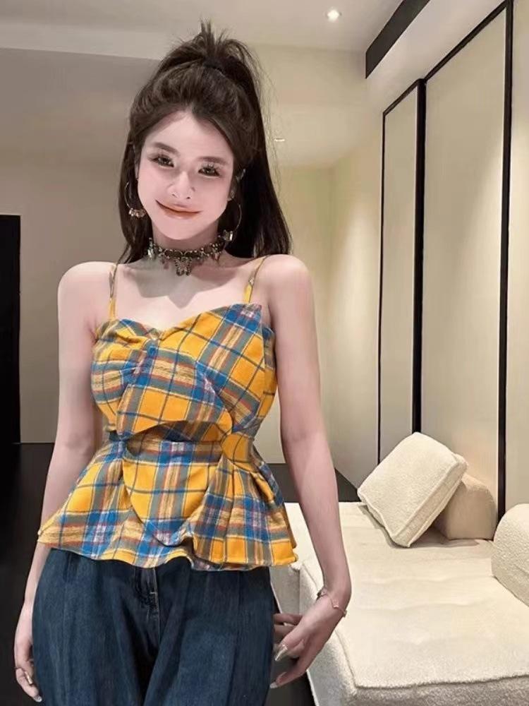 Summer Korean Version of Fashion Hottie Slim and Thin Contrasting Color Plaid Sling Vest Pure Lust Sexy Versatile Top Women