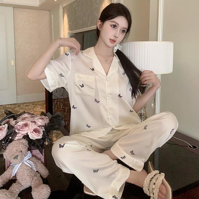 Summer High-End Ice Silk Pajamas Women'S Sweet Wind Butterfly Printing High-End Short-Sleeved Trousers Loungewear