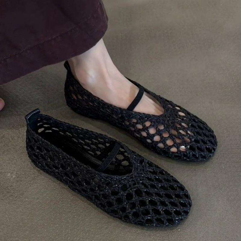 Fashion Mary Jane Women's Shoes 2025 Summer New Fashion Hollow Sandals Trend Soft Single Flat Shoes Roman Style Weave Women Flat Sandals