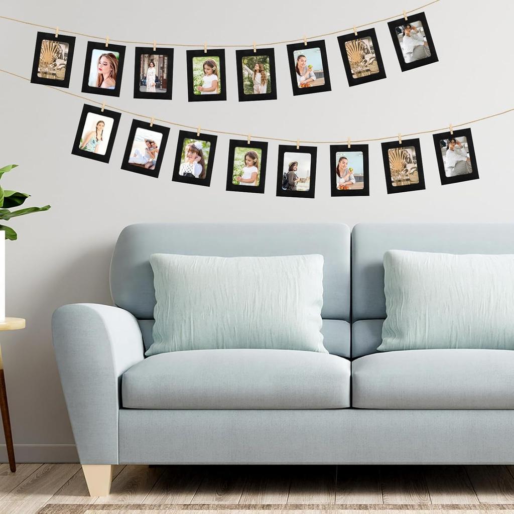 20 Pcs Paper Photo Frames, Kraft Paper Picture Frame Hanging Display Banner With Wooden Clips and String DIY for Wedding Party Classroom Wall Decor