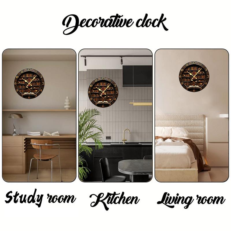 Library Nook Style Wooden Round Silent Hanging Wall Clock, Suitable For Living Room, Office, Study Room,Bedroom, Home Decoration