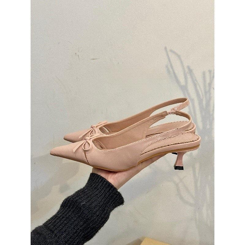 Pure desire for pink peaches! Temperament patent leather pointed cat heel sandals women's spring commuting bag head empty sandals