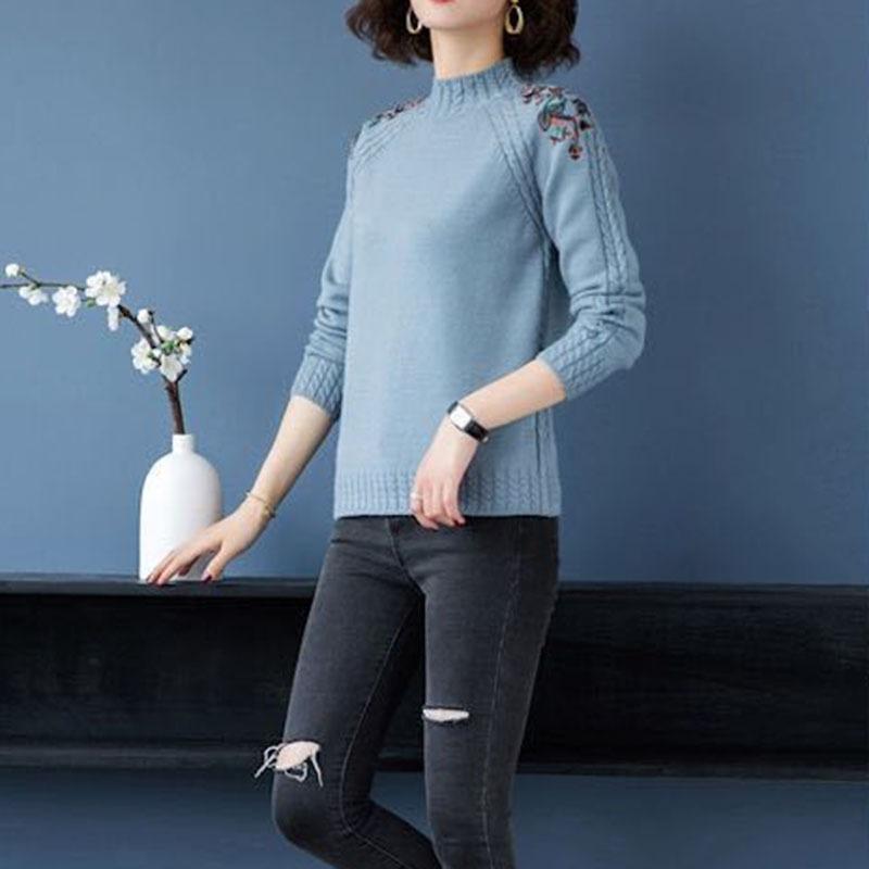Bestickte Blumen Halber Stehkragen Pullover Damen Herbst Winter Dick Warm Gestrickter Pullover Slim Gerippt Weiche Oberteile
