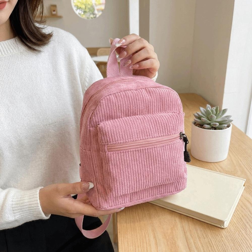 Fashion Solid Color Corduroy Mini Backpack Zipper Lightweight Double Shoulder Bag Portable Multi Pocket Daypack Women