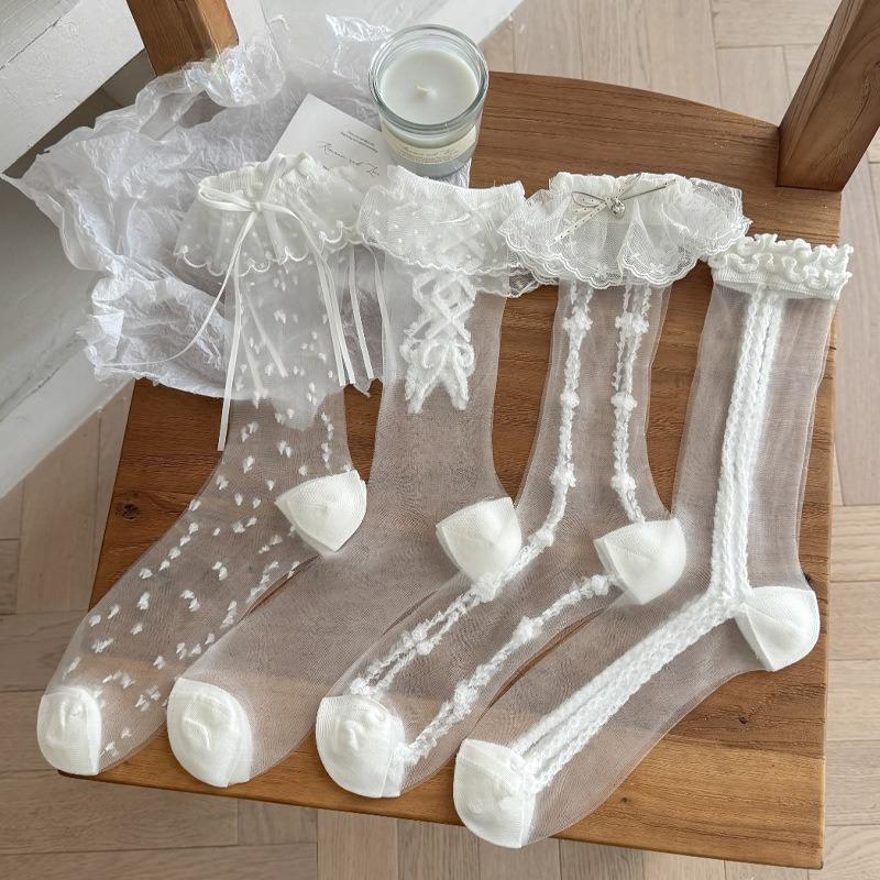 Bows Lace White Socks for Women in Spring and Summer, Light Style, Breathable, Princess Style, Lace Fabric, Icy Socks