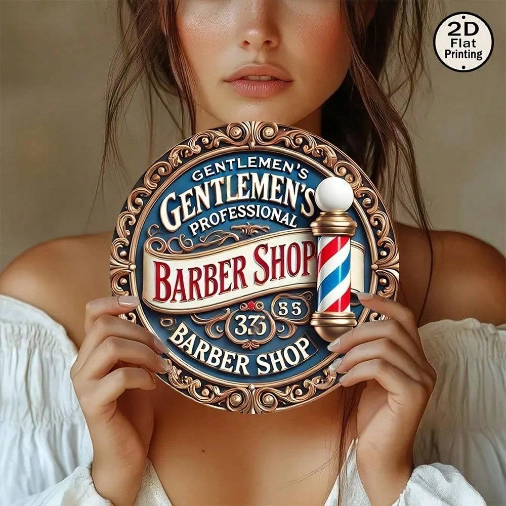 Retro Barber Pole Metal Sign 8 Inch Round Wall Art Vintage Home Decor