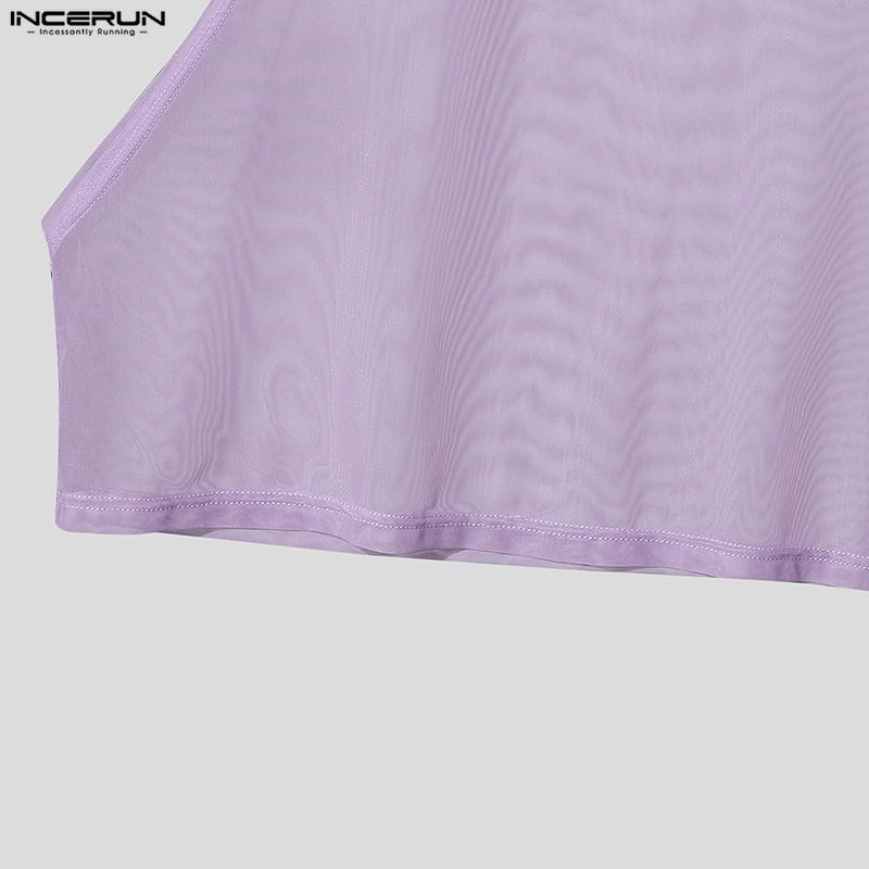INCERUN Men Summer Sleeveless Big Cuff Mesh Sheer See Through Loose Beach Tank Tops
