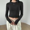 Women Casual Slim Fit Long Sleeve O-Neck T-shirts Tops Spring Fall Solid Color Tees with Thumb Holes Streetwear