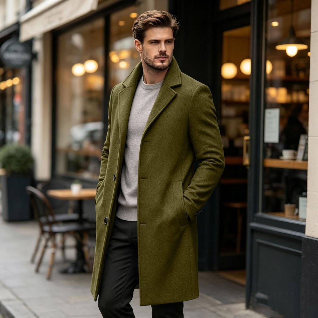 Men's Wool Mid-Length Overcoat Slim Fit Trench Coat for Fall and Winter