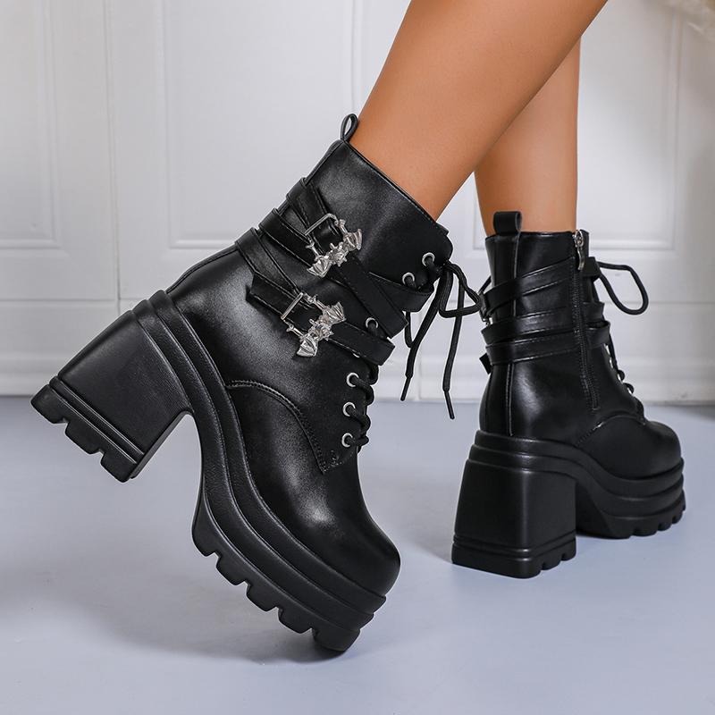 Fashion Chunky High Heel Ankle Boots Women 2025 Thick Platform Punk Gothic Boots Woman Fashion Buckle Lace Up Motorcycle Botas Mujer