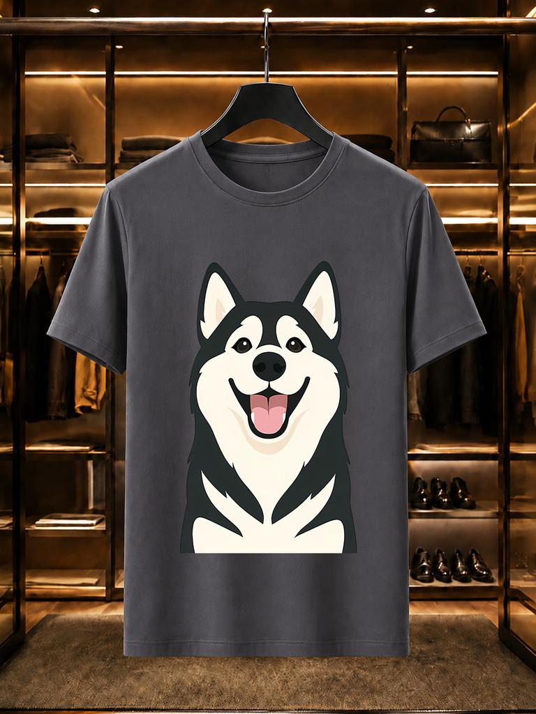 2026 New 100 Cotton Tshirt Happy Smiling Husky Pet Dog Illustration Graphic Tees Fashion Short Sleeve