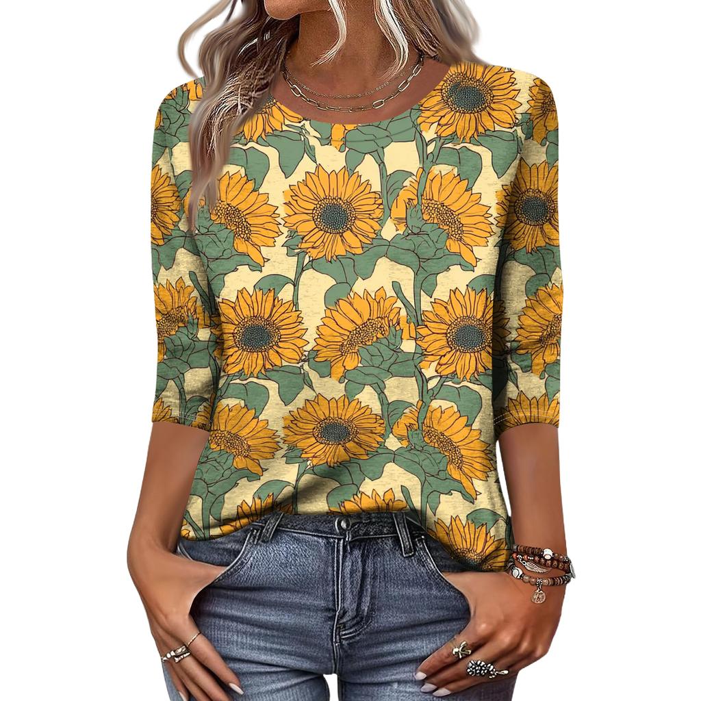 Women's Fashion Casual Round Neck 3/4 Sleeve Loose Printed T-Shirt Ladies Top