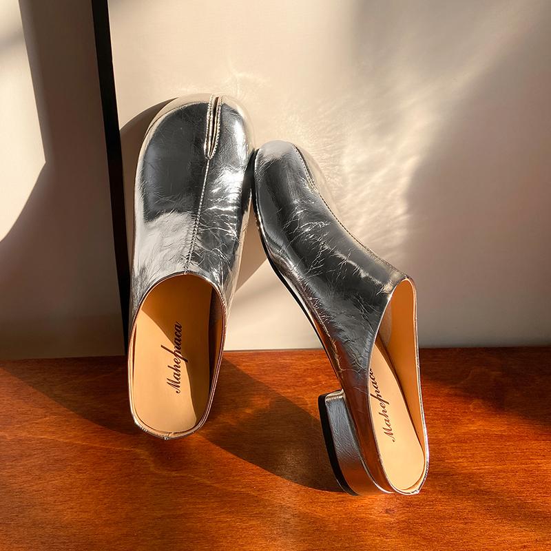 Fashion 2025 New Mueller Slippers Genuine Leather Sewning Designer Novelty Style Slip-On Shoes Comfortable Split Toe Shoes for Women