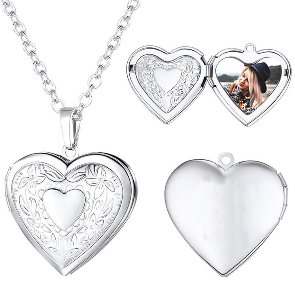 Engravable Heart Pattern Stainless Steel Pendant Necklace - DIY Photo Locket for Couples