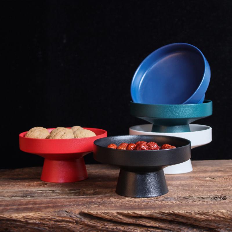 Chinese-style Ceramic Fruit Plate Circular Jewelry Food Teacup Tray Home High-foot Cake Dessert Dry Fruit Plate Kitchen Supplies