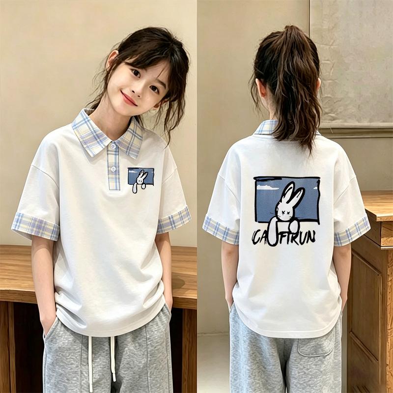 Girls' Trendy Korean-Style Summer Plaid Polo Shirt