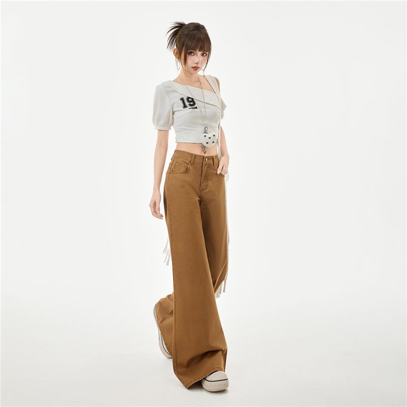Spring Summer Trendy Comfort Coffee Soft Stretch Relaxed Slim Micro Flare Denim Pants For Women Casual Pants Oversize Denim Trousers
