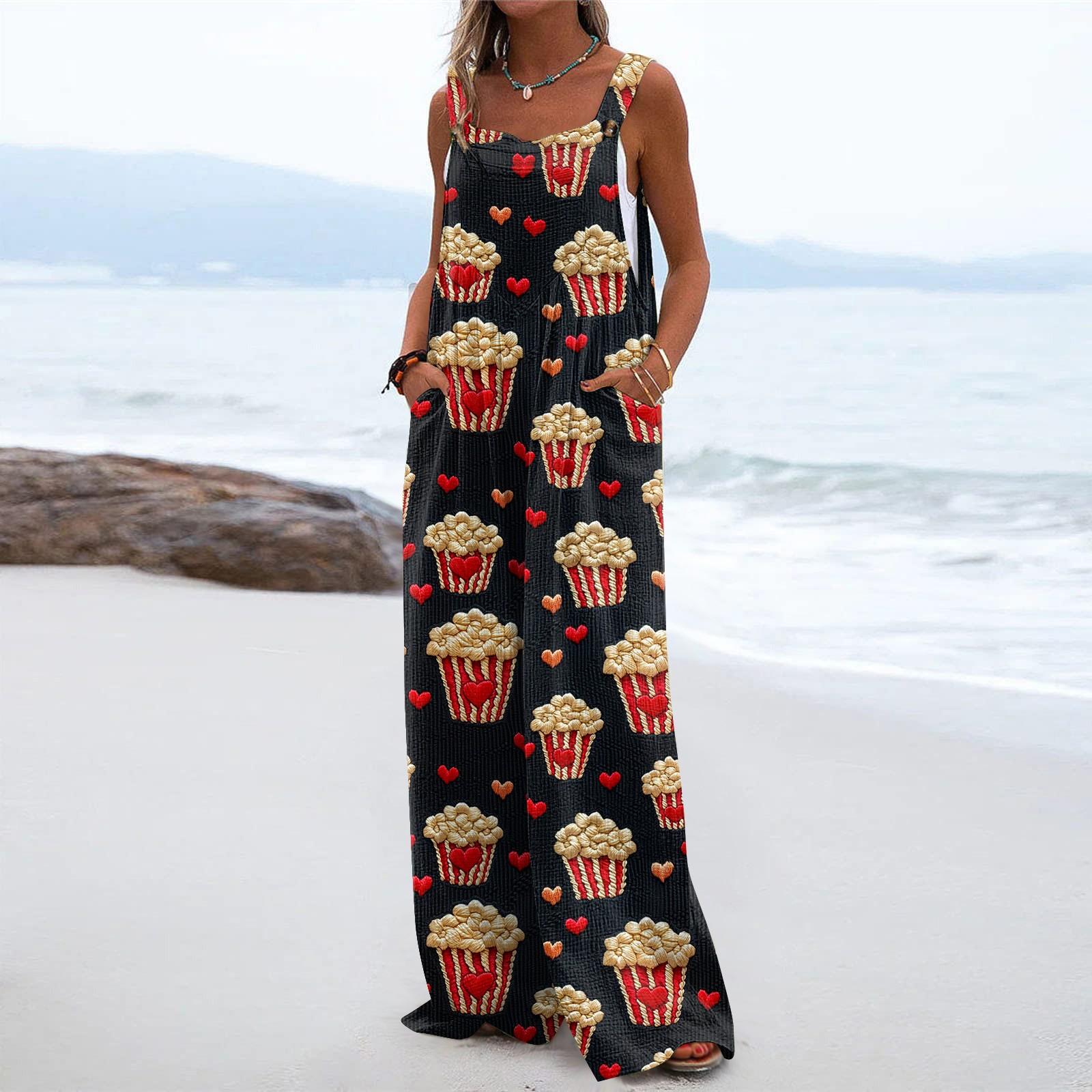 

Широкий комбинезон для женщин, повседневный свободный комбинезон без рукавов с принтом и пуговицами, длинные брюки, комбинезон с карманами L чёрный