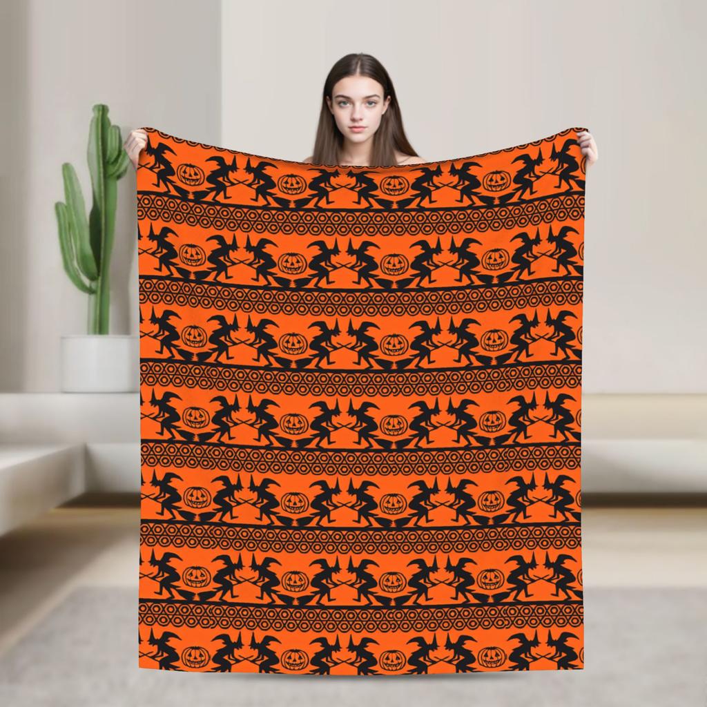 Halloween Silhouette Pumpkin Ghost Bat Witch Hat Seamless Pattern Orange Background Cozy Blanket Throws Picnic Flannel Bedspread