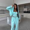 Womens Casual Solid Color Hooded Zip-Up Sweatshirt Wide-Leg Pants 2-Piece Set Long Sleeve Streetwear Outfit