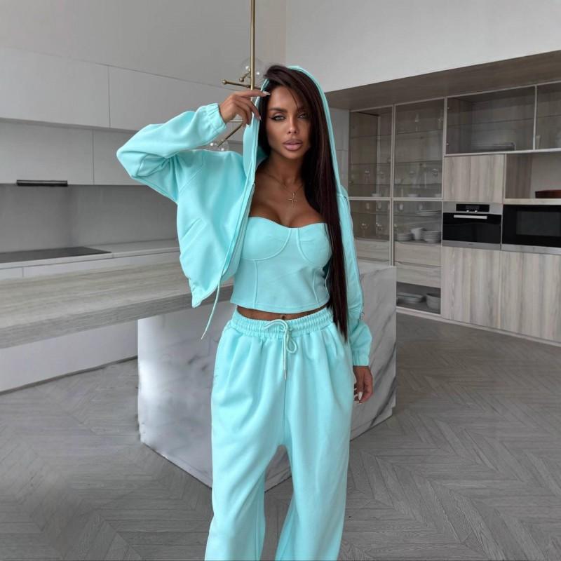 Womens Casual Solid Color Hooded Zip-Up Sweatshirt Wide-Leg Pants 2-Piece Set Long Sleeve Streetwear Outfit