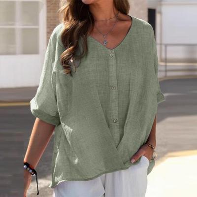 Women's Loose Fit Casual V Collar Cotton Linen Short Sleeve Shirt Top