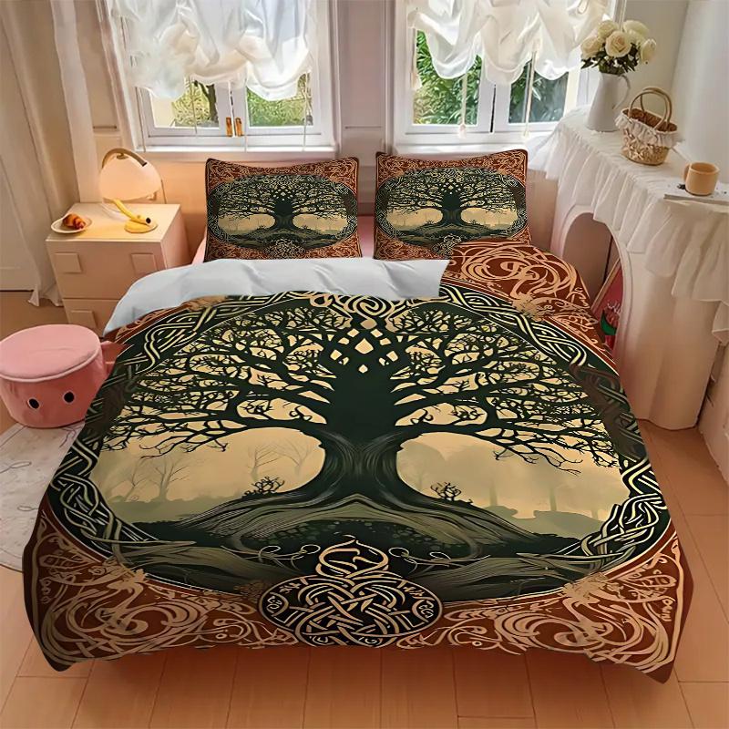 3pcs Tree of Life Celtic Knotwork Comforter Set with Two Pillowcases (No Core), Home Decor, Festival Gift, Polyester Fabric, Anime Cartoon Design