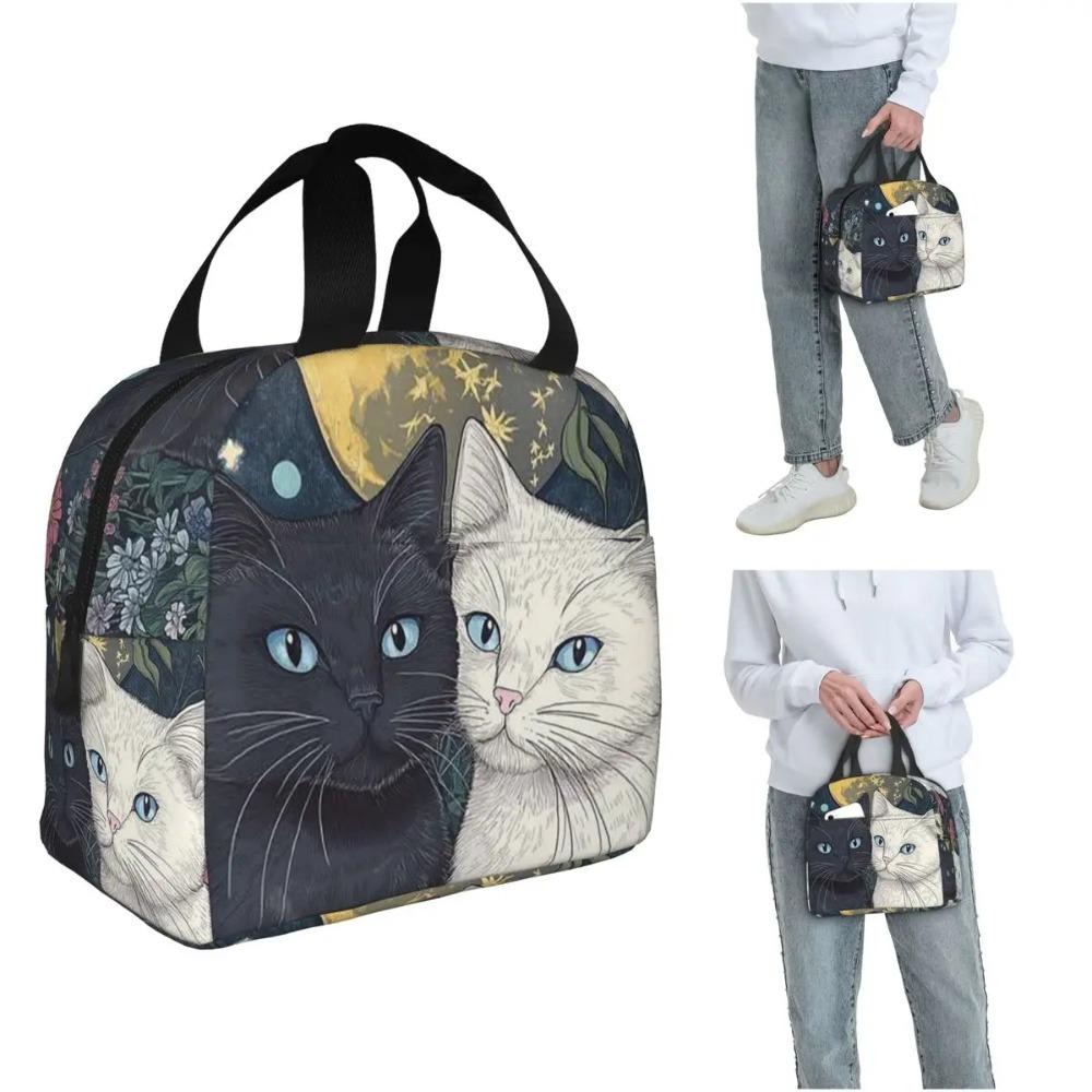 Cartoon Black White Cat Print Insulated Lunch Bag for Women Kids Leakproof Food Boxes Thermal Lunch Box Tote