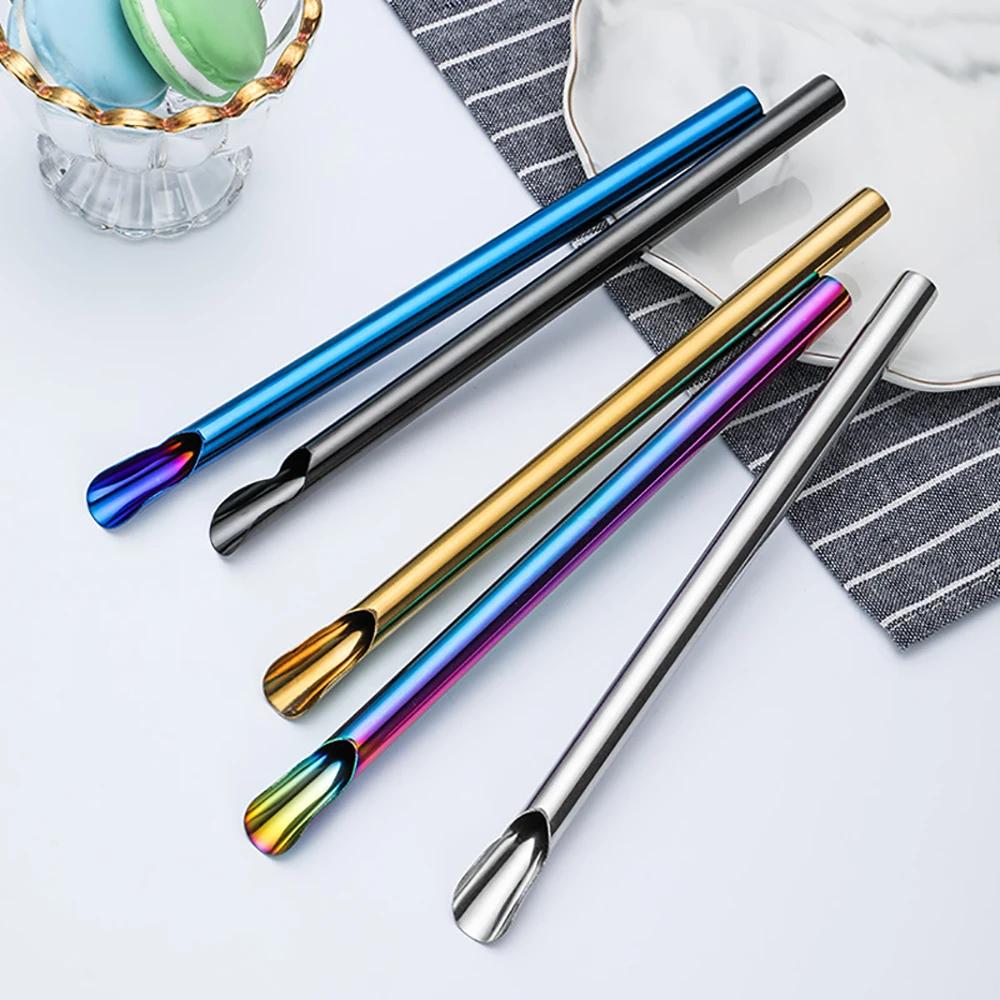 4Pcs Reusable Straw Spoon Stainless Steel Stirring Spoon Durability Drinking Straw with Brush Set Bar Creative Colorful Straw