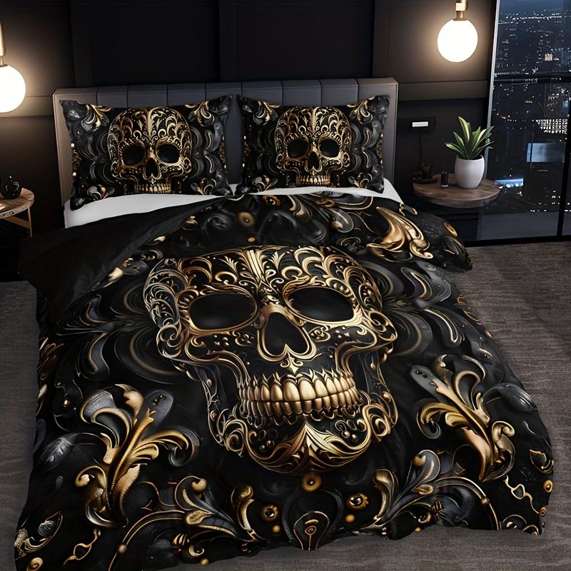 3Pcs Metallic Skull Duvet Cover Set, Black Golden Gothic Design Breathable Polyester Bedding with Pillowcases, Machine Washable