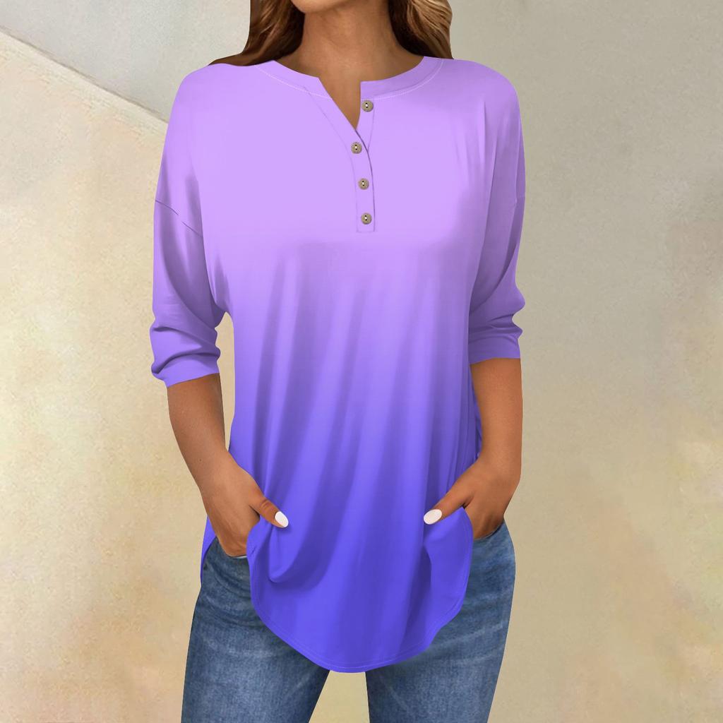 Tee Shirts For Women Fall Casual 3/4 Long Sleeve Button Shirts Sweatshirt Vintage  Top Pullover