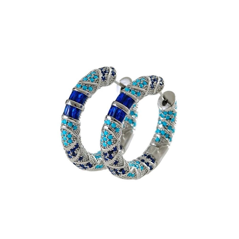 Round Enamel Dangle Earring Silver Color Big Circle Earring Luxury Blue Zircon Hoop Earrings Gifts