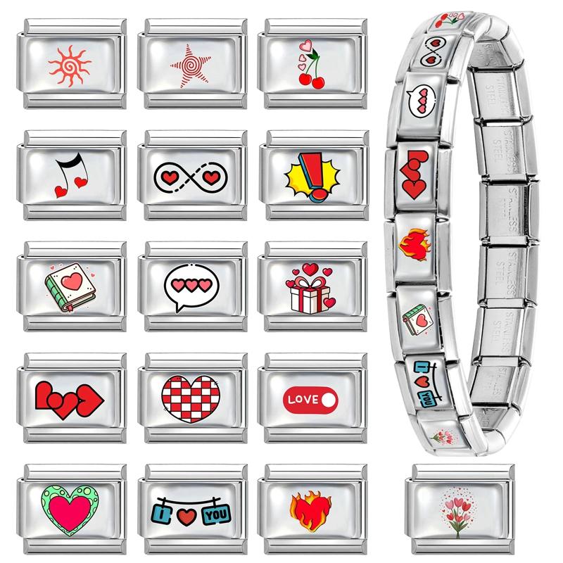 Wholesale Personalized DIY Red Color Italian Charm Bracelet Cherry Flowers Heart Music Bead 9mm Bracelet Stainless Steel Jewelry