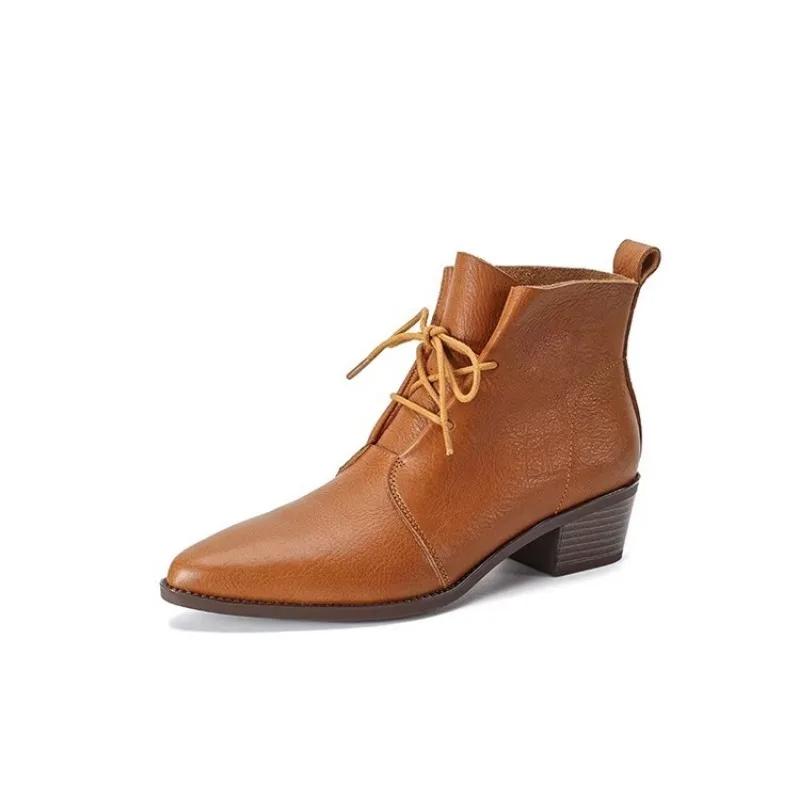 fashion Ankle Square Heel Modern Boots Winter Korean Style Ladies Shoes 2024 High Quality Lace-up Pointed Toe Mid Heel Women's Boots