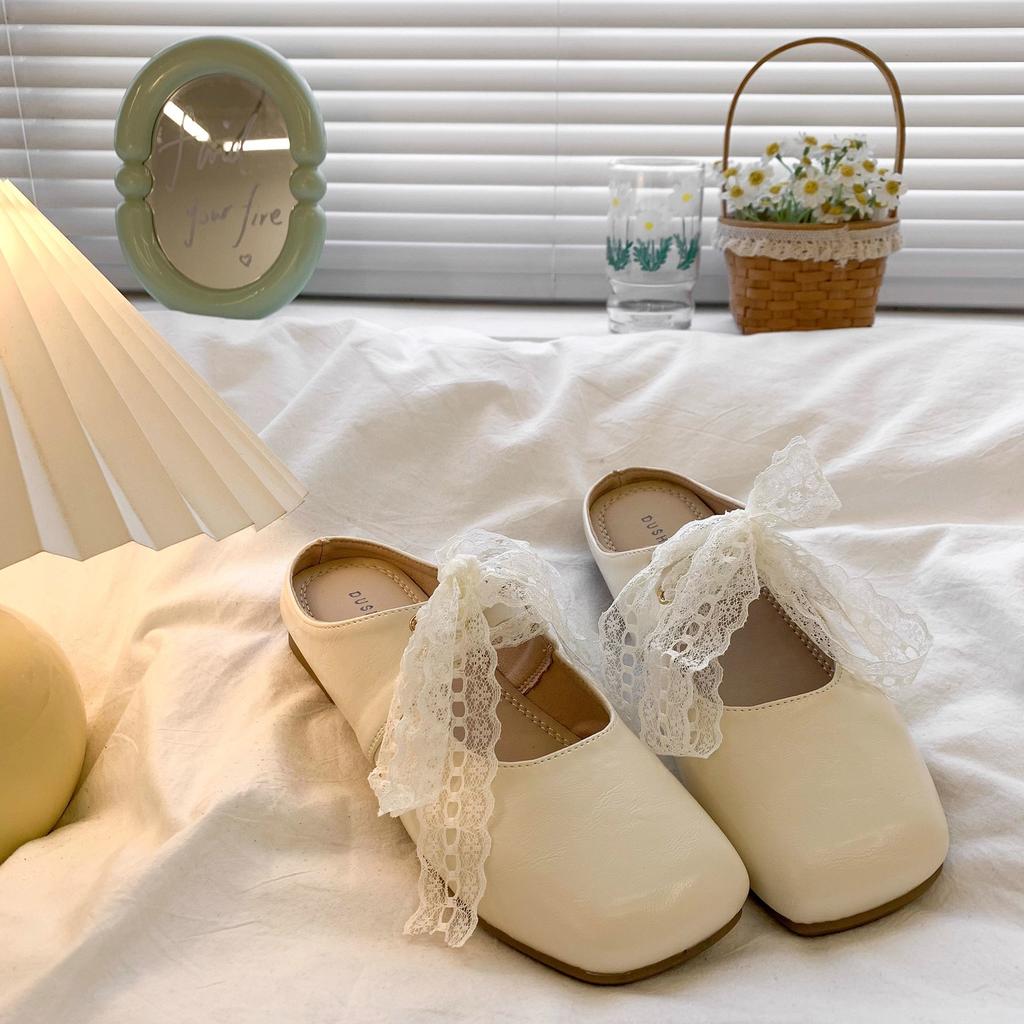 Flat-bottomed Bag Head and Half Slippers for Women's Outer Wear 2025 New Spring and Summer One-pedal Pregnant Women Mary Jane Evening Shoes Single Sh