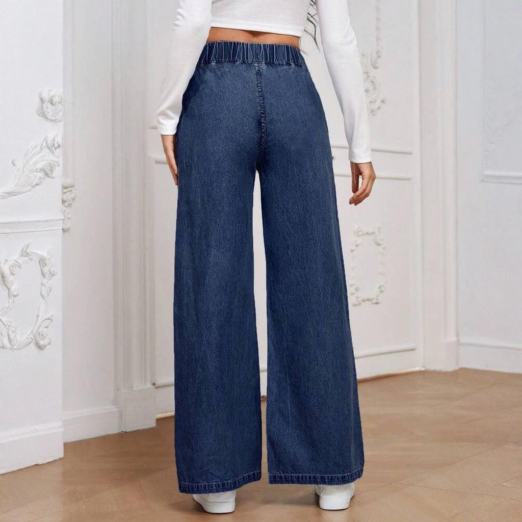 High Waist Wide Leg Denim Pants for Women Loose Fit Elastic Waistband Casual Straight Leg Trousers for Daily Wear